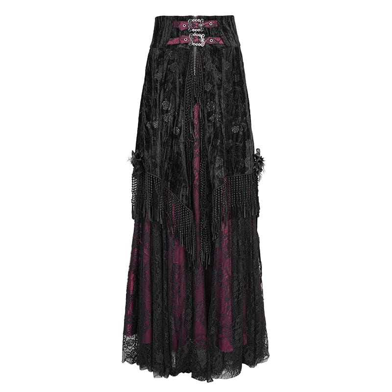 Women's Gothic Tassels Buckle-up Long Skirt Black Red