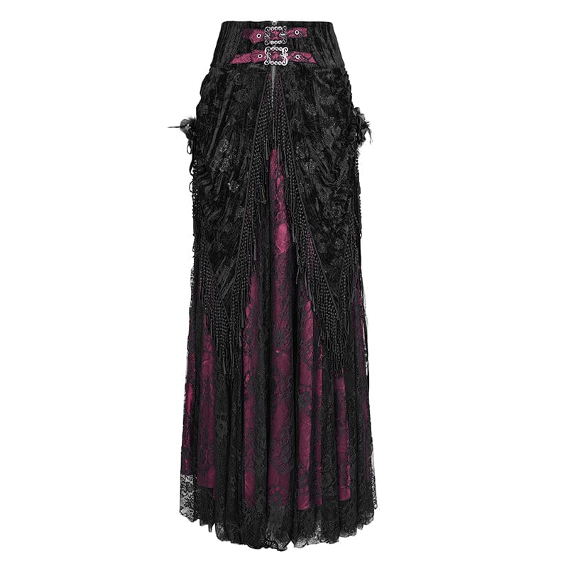 Women's Gothic Tassels Buckle-up Long Skirt Black Red
