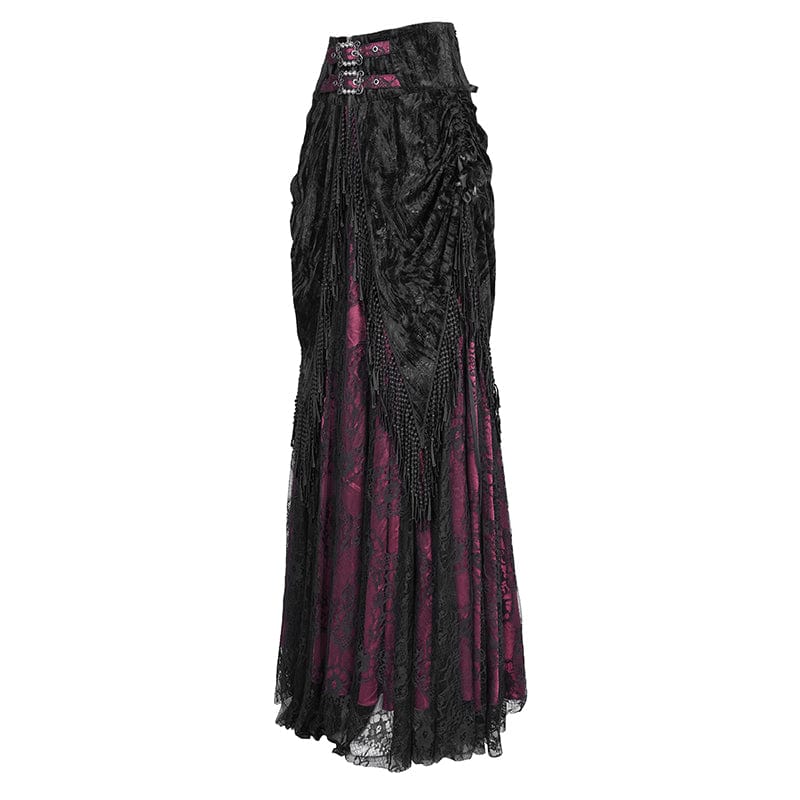 Women's Gothic Tassels Buckle-up Long Skirt Black Red