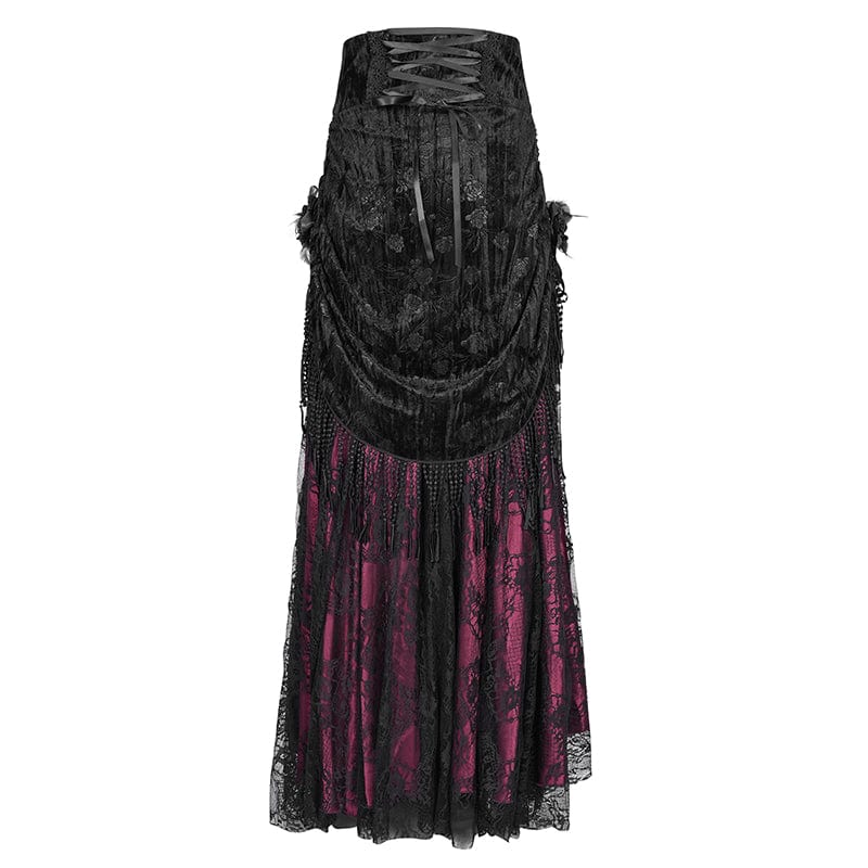 Women's Gothic Tassels Buckle-up Long Skirt Black Red