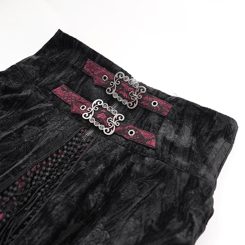 Women's Gothic Tassels Buckle-up Long Skirt Black Red
