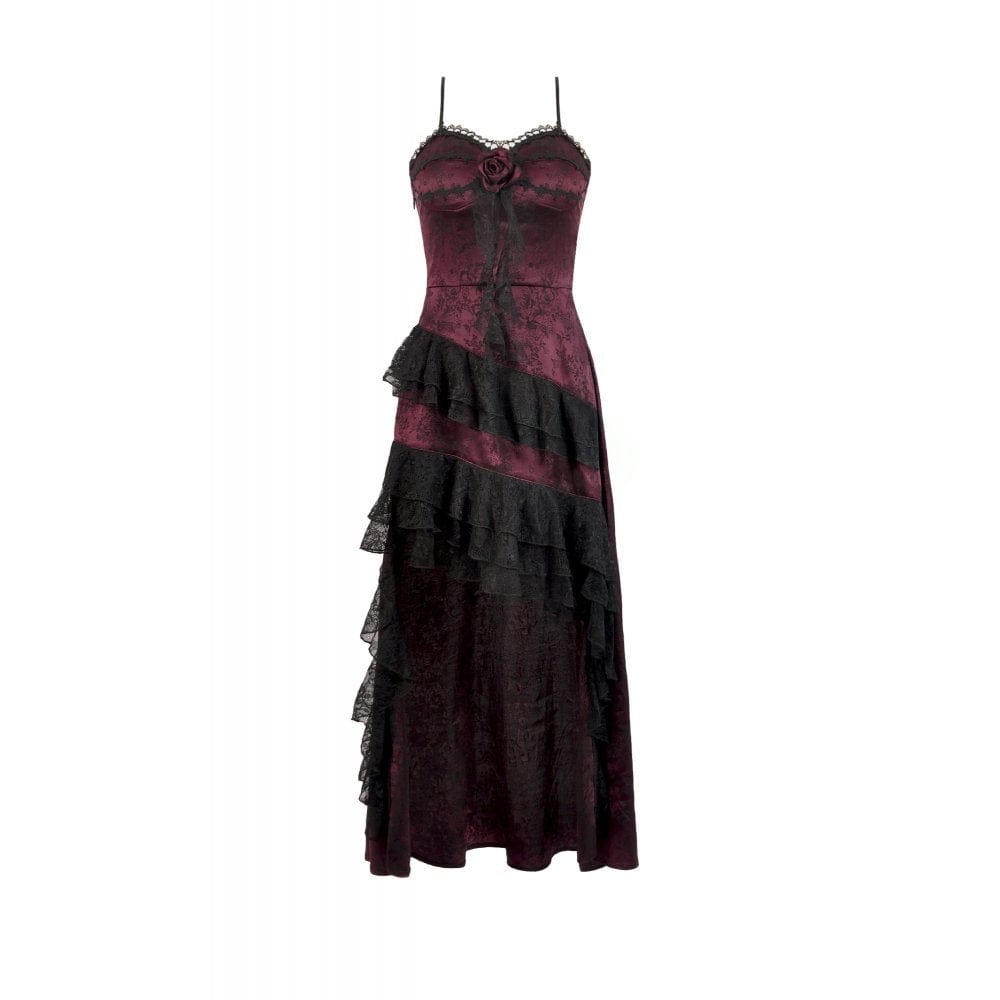 Women's Gothic Rose Layered Lace Ruffle Asymmetric Slip Dress