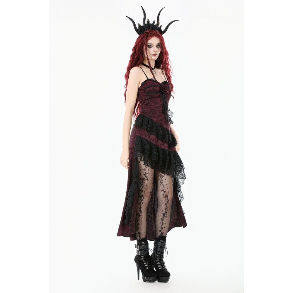 Women's Gothic Rose Layered Lace Ruffle Asymmetric Slip Dress
