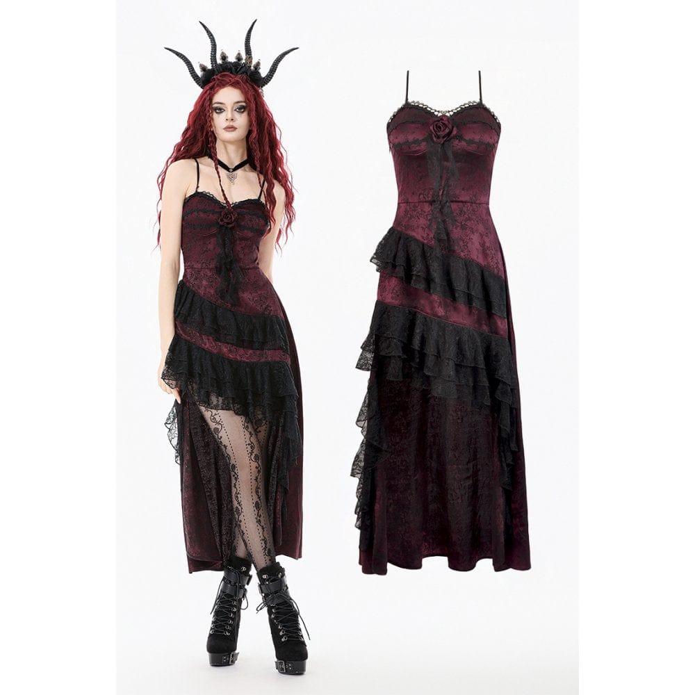 Women's Gothic Rose Layered Lace Ruffle Asymmetric Slip Dress