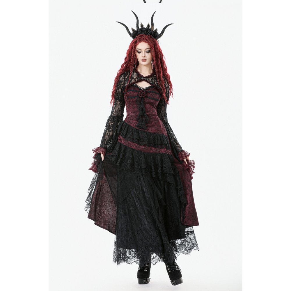 Women's Gothic Rose Layered Lace Ruffle Asymmetric Slip Dress