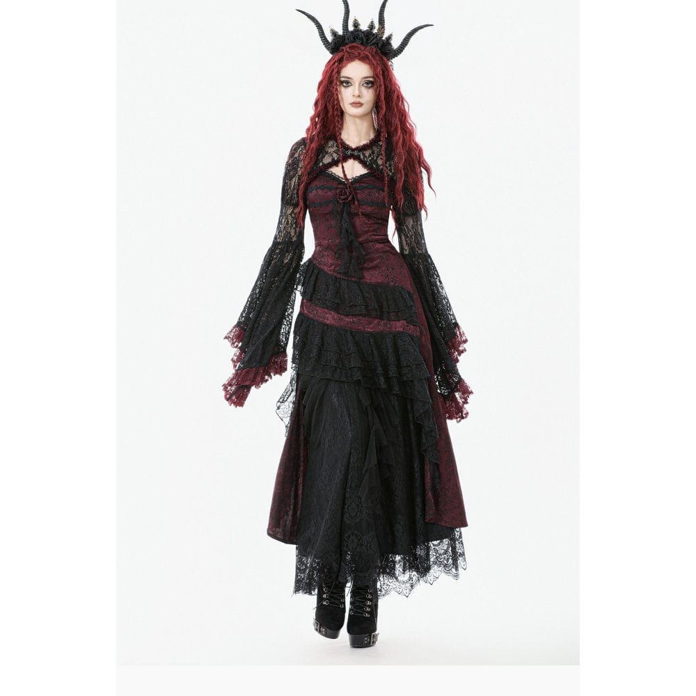 Women's Gothic Rose Layered Lace Ruffle Asymmetric Slip Dress