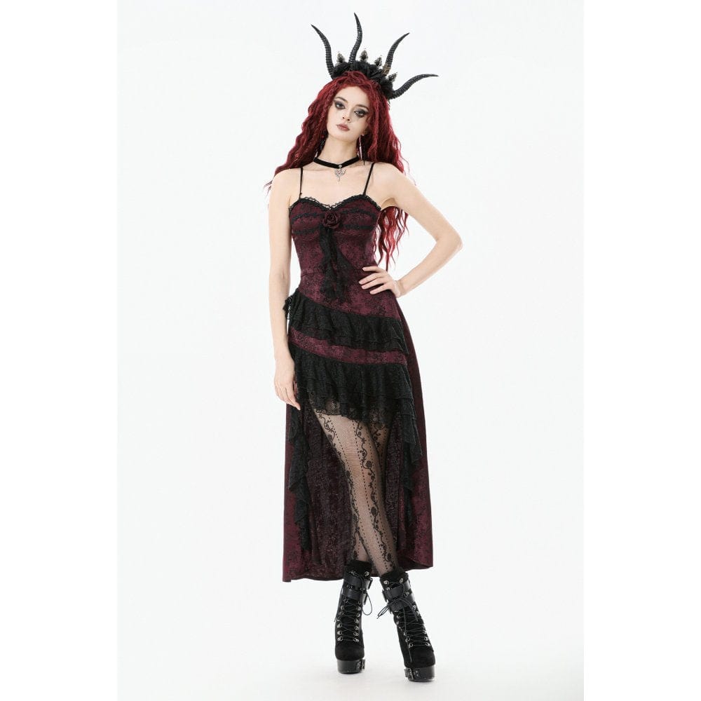 Women's Gothic Rose Layered Lace Ruffle Asymmetric Slip Dress