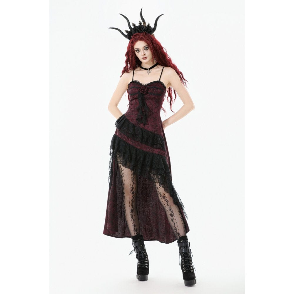Women's Gothic Rose Layered Lace Ruffle Asymmetric Slip Dress
