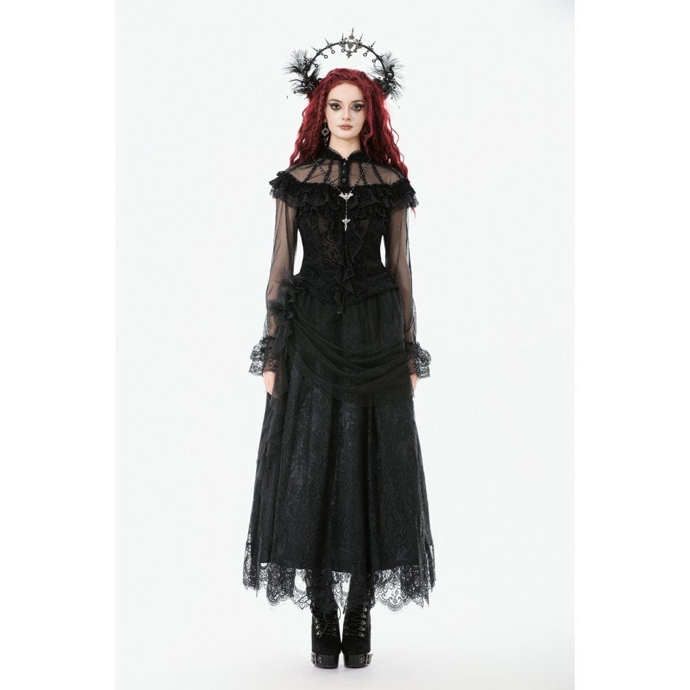 Women's Gothic Rose Printed Ruffled Long Sleeved Top