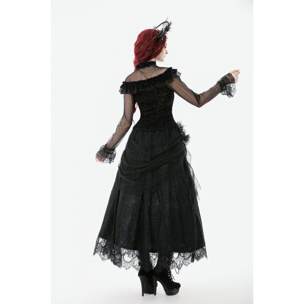 Women's Gothic Rose Printed Ruffled Long Sleeved Top