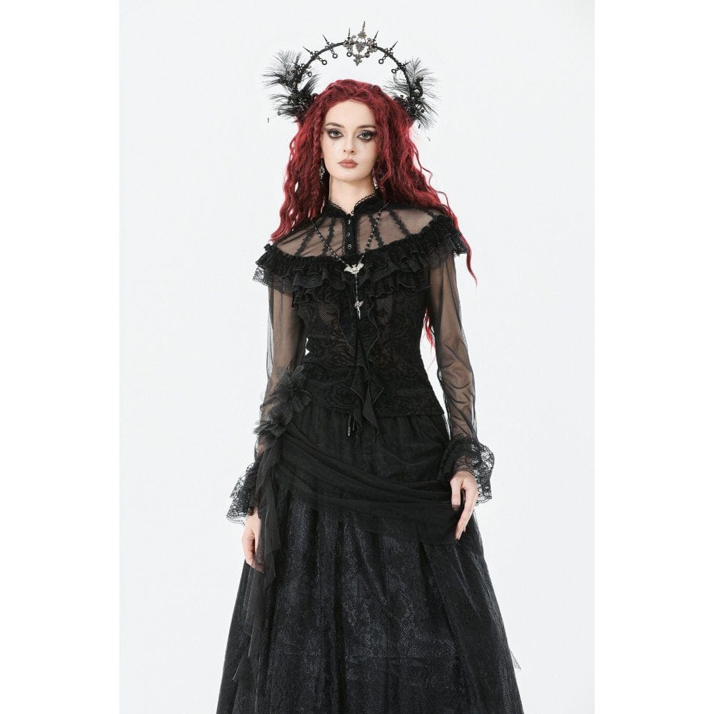 Women's Gothic Rose Printed Ruffled Long Sleeved Top