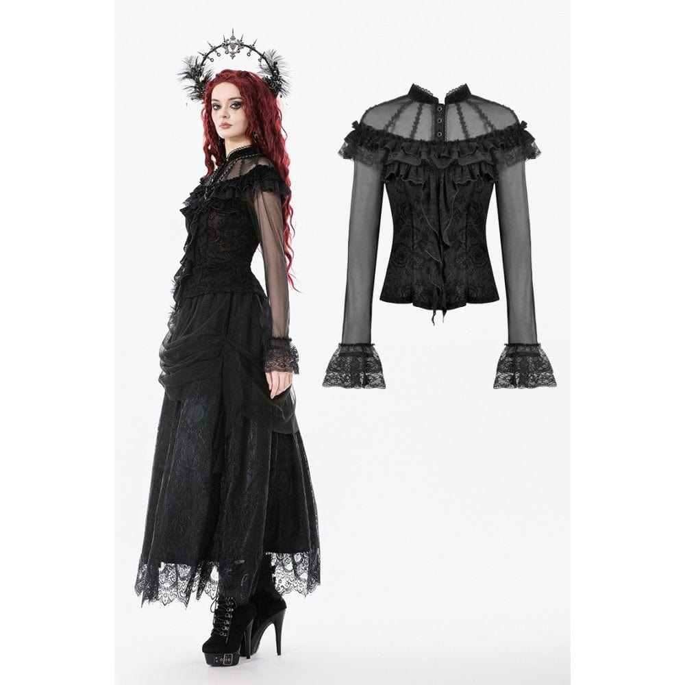 Women's Gothic Rose Printed Ruffled Long Sleeved Top