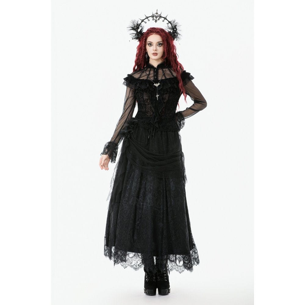 Women's Gothic Rose Printed Ruffled Long Sleeved Top
