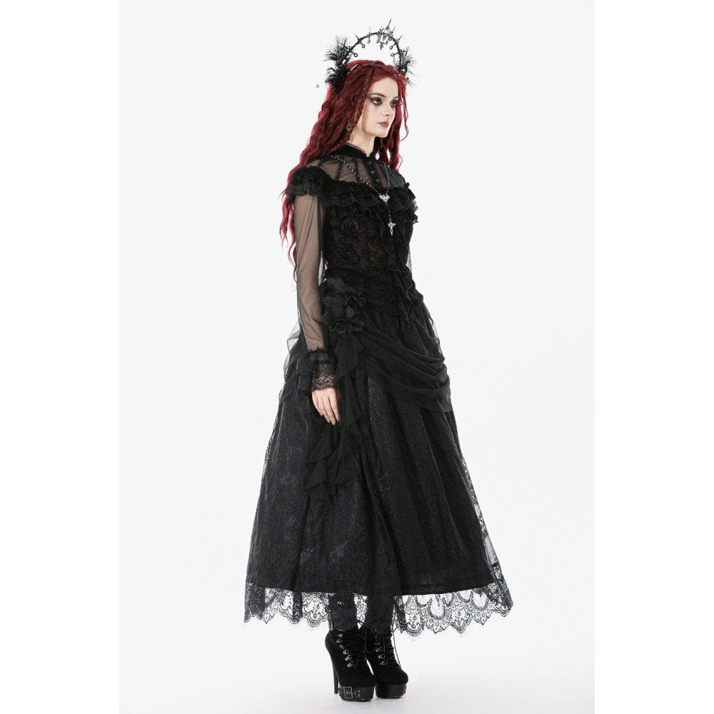 Women's Gothic Rose Printed Ruffled Long Sleeved Top