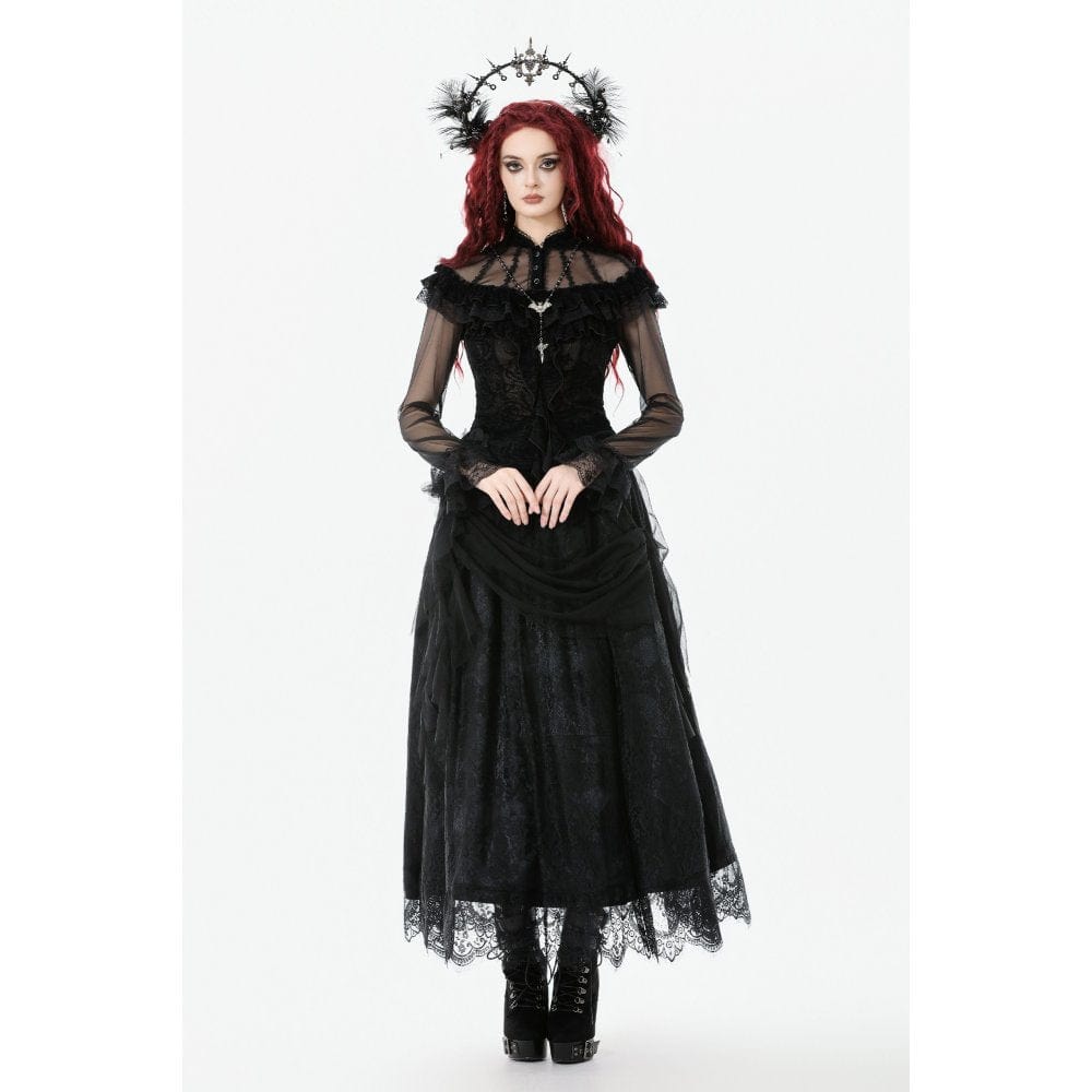 Women's Gothic Rose Printed Ruffled Long Sleeved Top