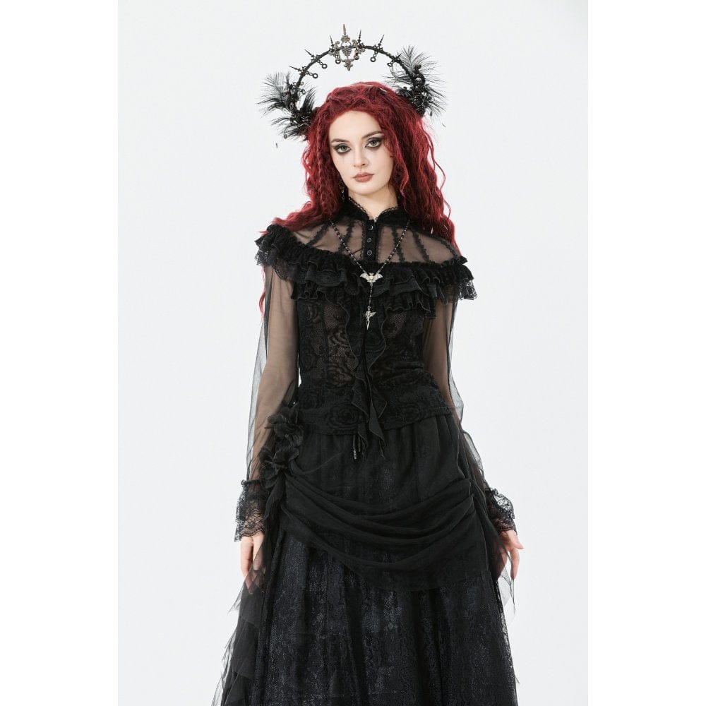 Women's Gothic Rose Printed Ruffled Long Sleeved Top
