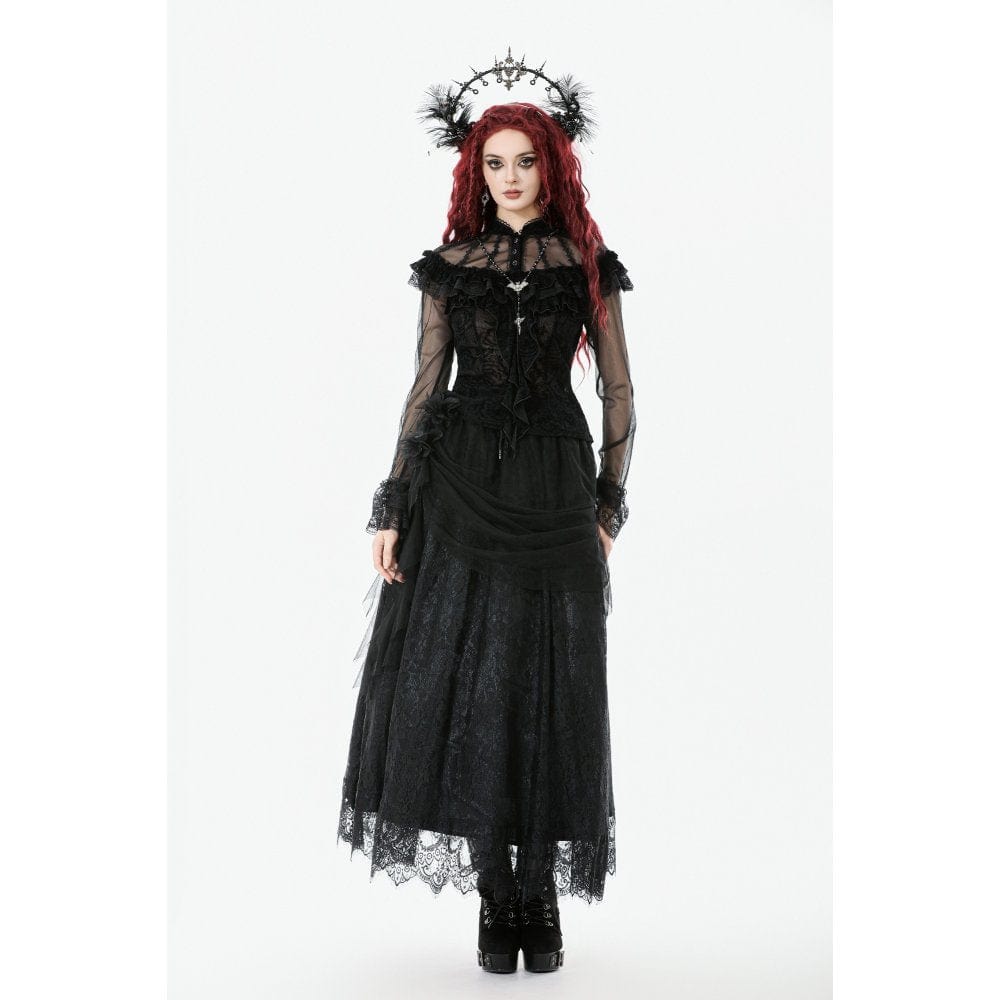Women's Gothic Rose Printed Ruffled Long Sleeved Top