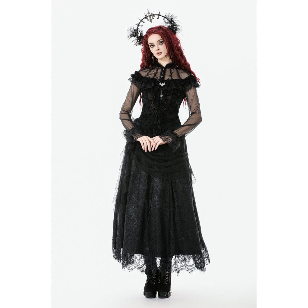 Women's Gothic Rose Printed Ruffled Long Sleeved Top