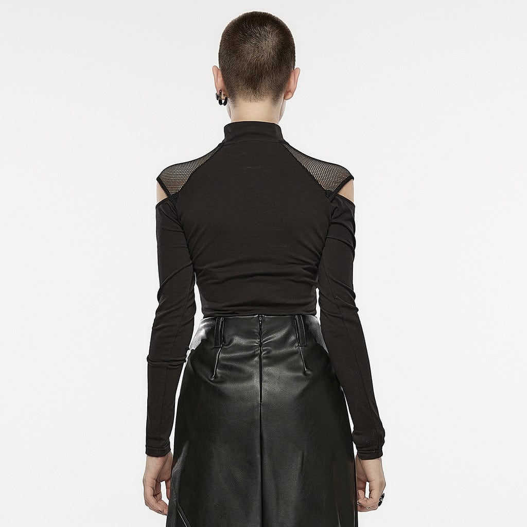 Women's Asymmetricle Stitched Embroidered Mesh T-shirts